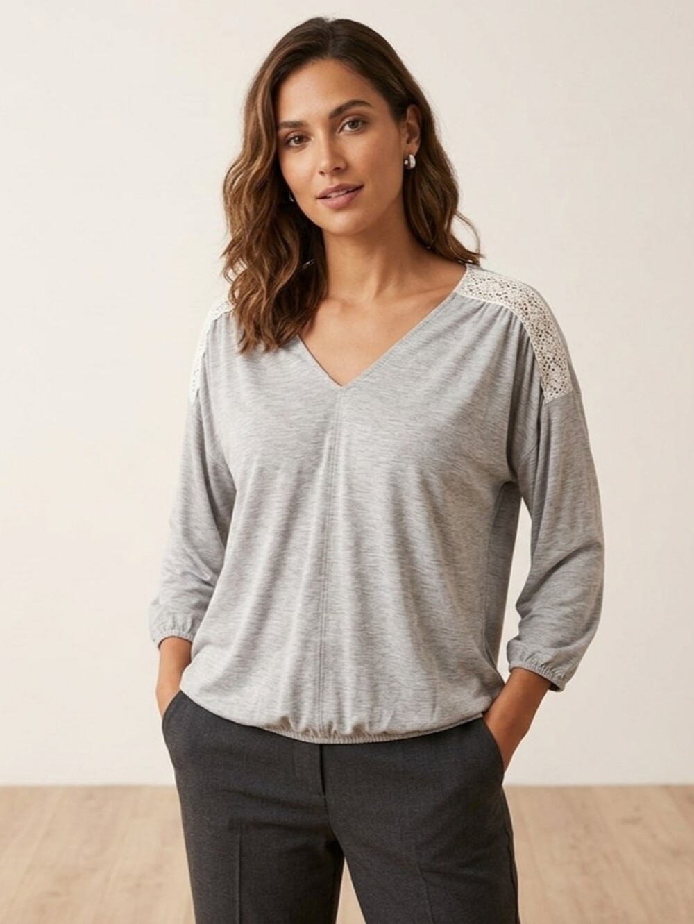 Reitmans Lace Shoulder V-Neck 3/4 Sleeve Blouse - Picture 1 of 4